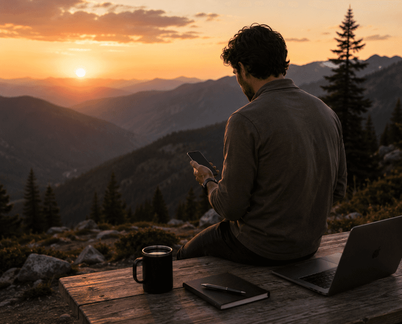 Person sitting outdoors at sunset with a phone
