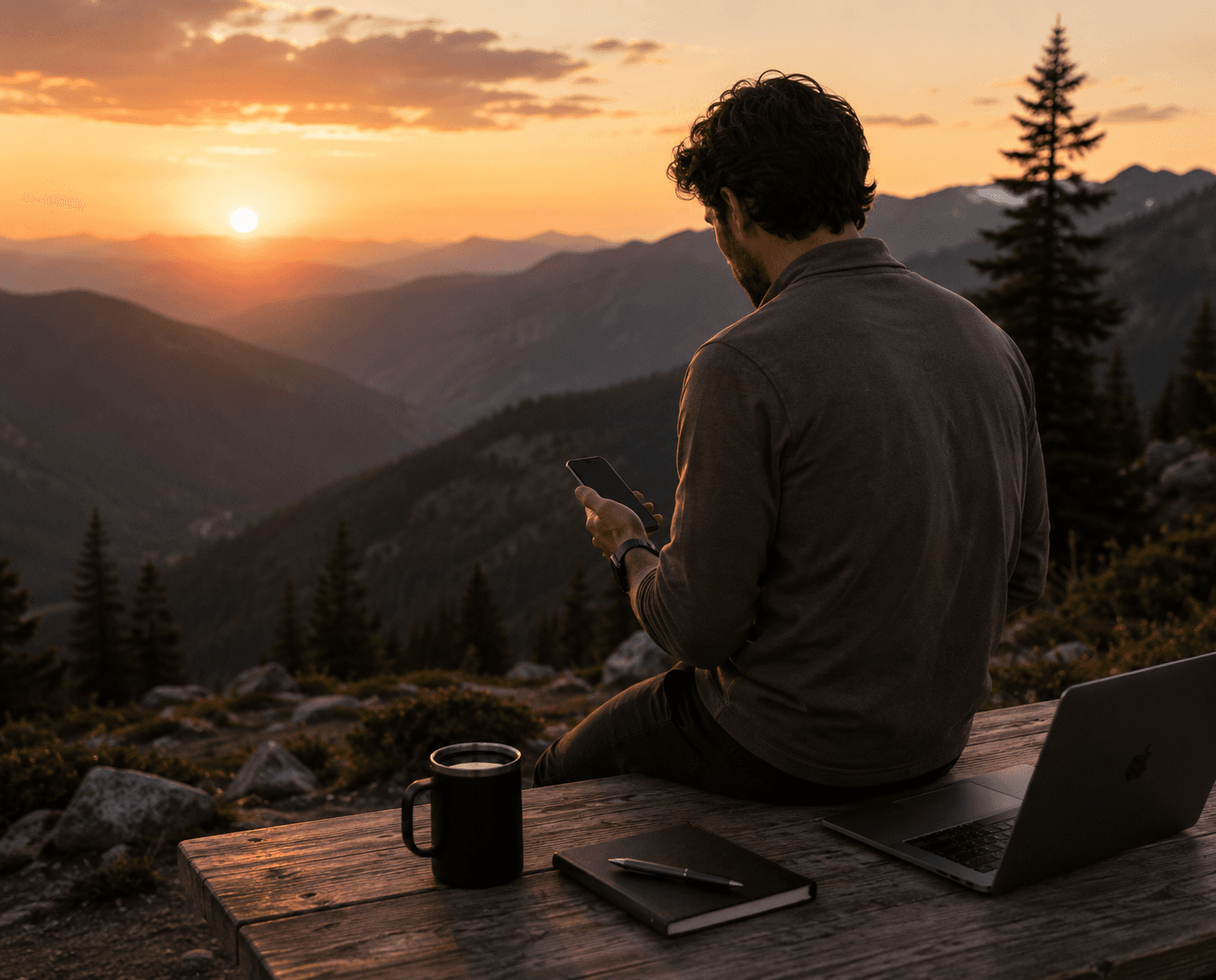 Person sitting outdoors at sunset with a phone