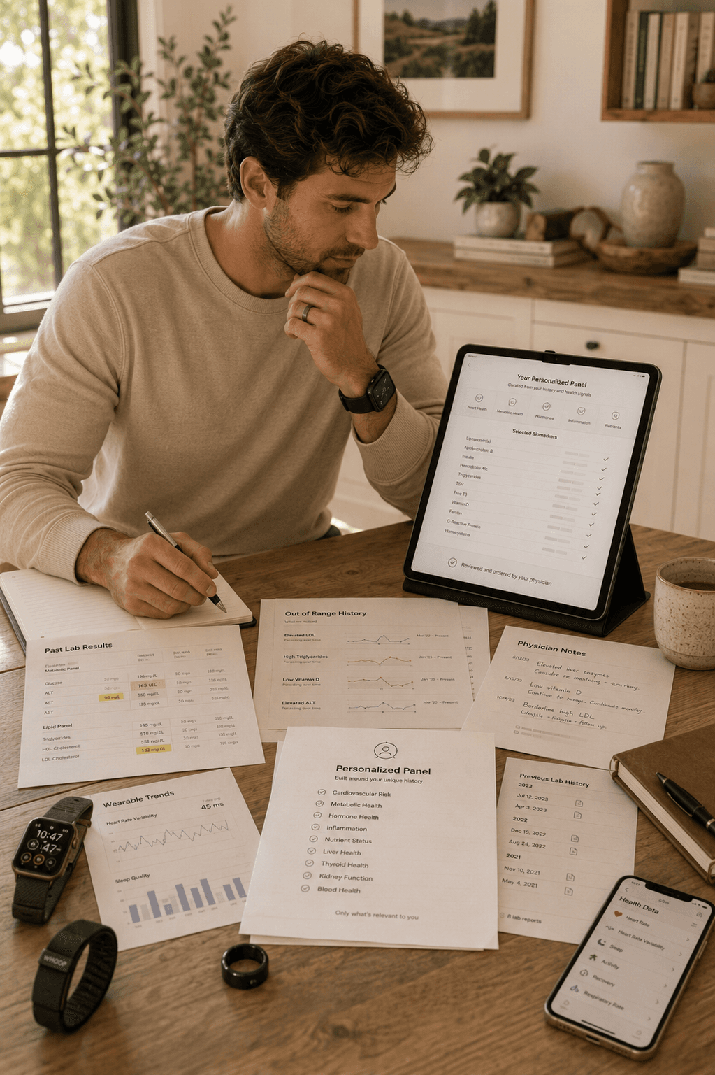 Man at a desk reviewing health records with a smartwatch